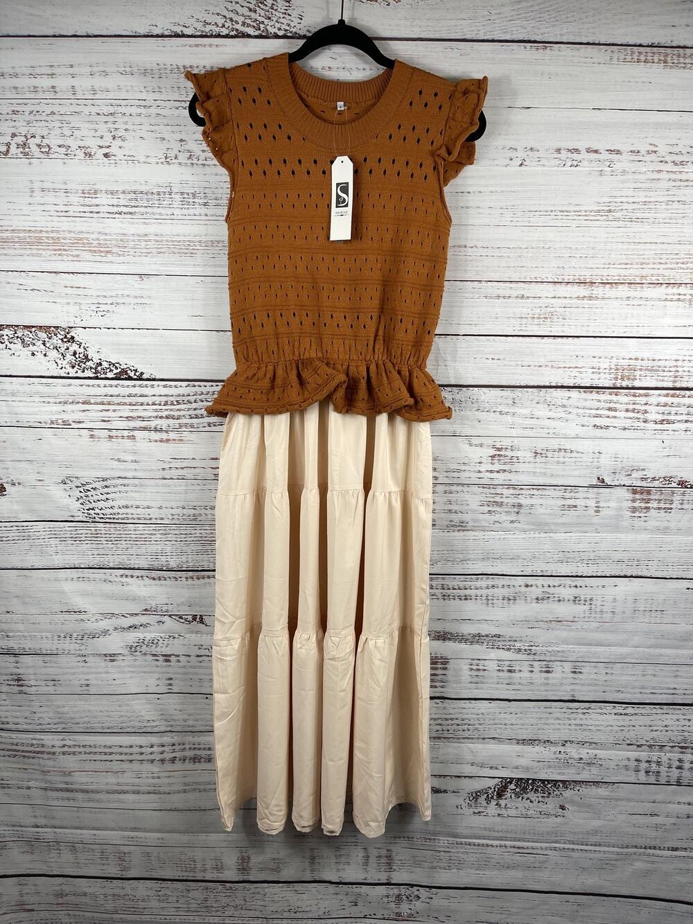 SAUKOLE Dress Women's SZ Small Brown Colorblock Knit Fit Flare Sleeveless Maxi